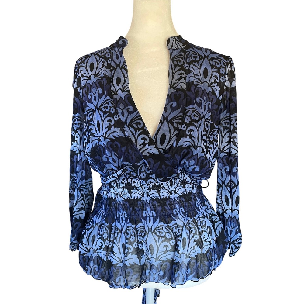 VTG INC Women Blue Damask Mesh Tie Back Wrap Blouse M Sheer Peplum Whimsigoth